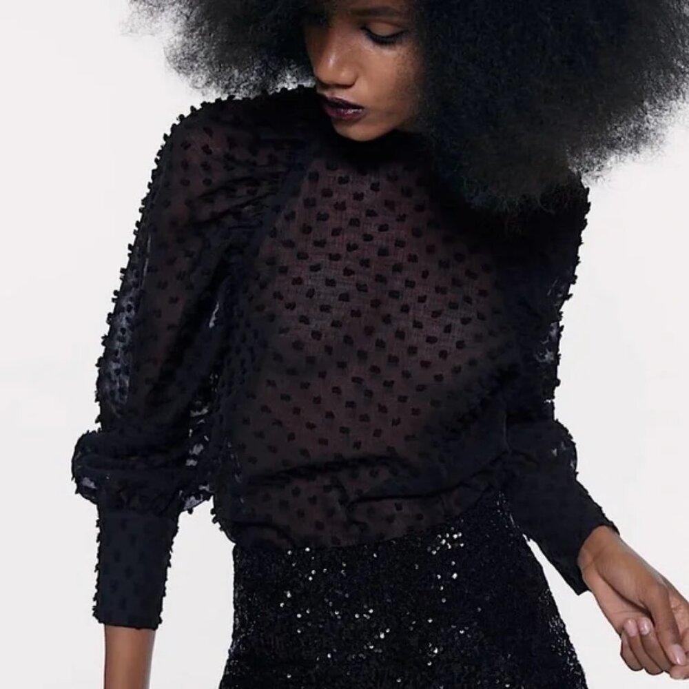 ZARA Textured Dot Weave Semi Sheer High Neck Top Size S - Picture 2 of 13